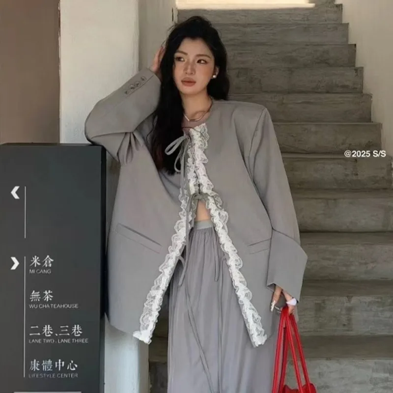 EAEOVNI contraste couleur dentelle épissé veste d'extérieur femmes mode à lacets conception polyvalent Blazer manteau 2025 nouveaux vêtements 1A1024