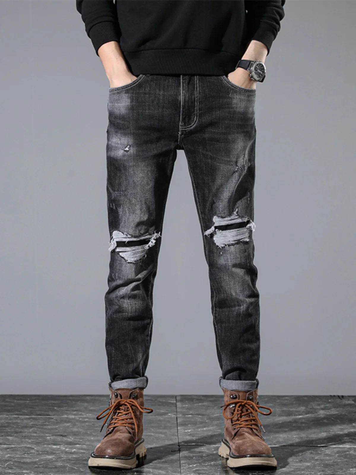 

Slim Fit Men's Denim Jeans Spring Autumn New Sle Elastic Cool Patchwork Long Straight Cotton Stretchy Youth Trendy Pants