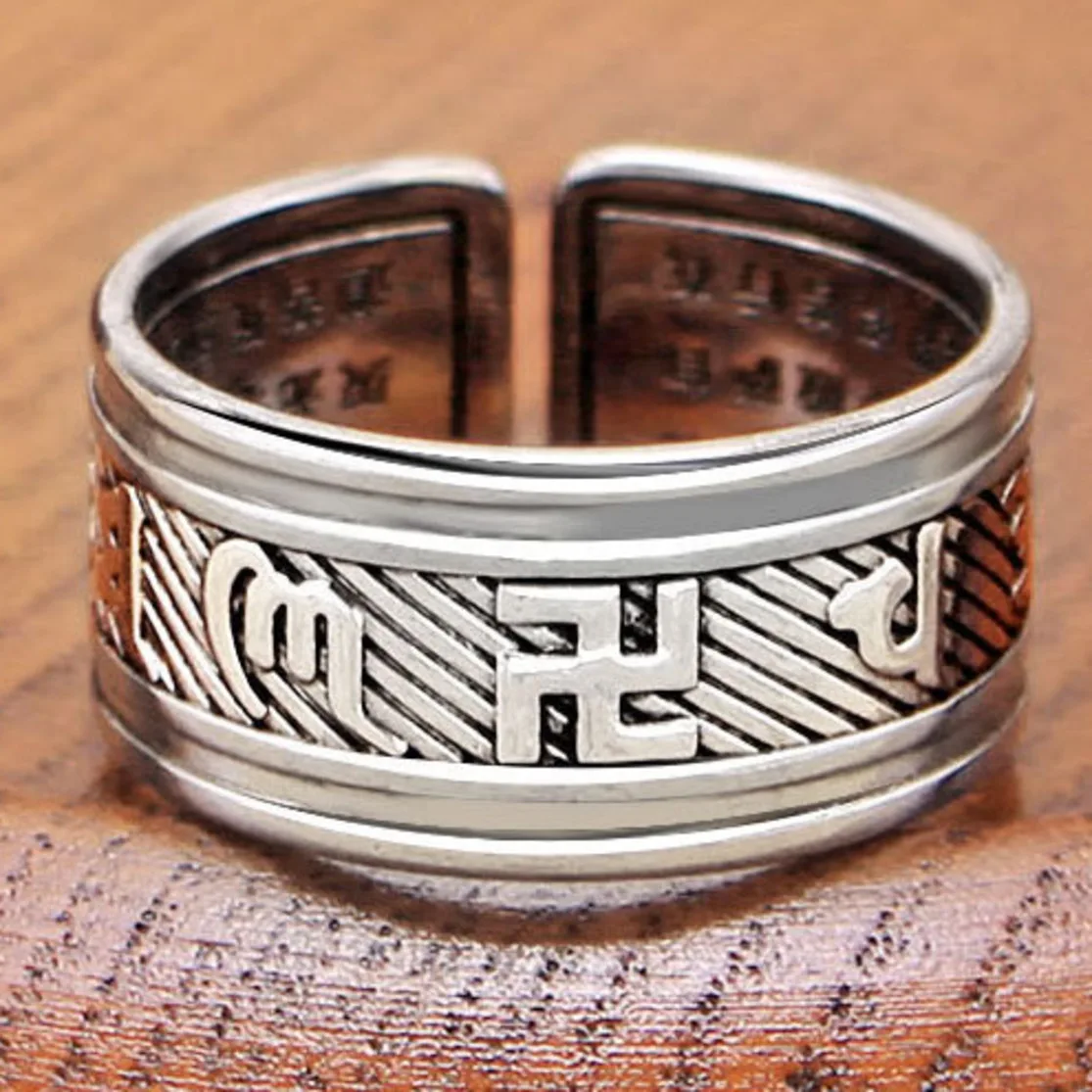 Buddhism Swastika Tibetan Signet Resizable Size Rings For Unisex Wedding Bands Religious Men Om Mani Padme Hum Male Finger Ring