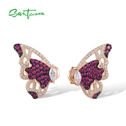 SANTUZZA Pure 925 Sterling Silver Stud Earrings For Women Sparkling Created Ruby White CZ Red Lovely Butterfly Fine Jewelry