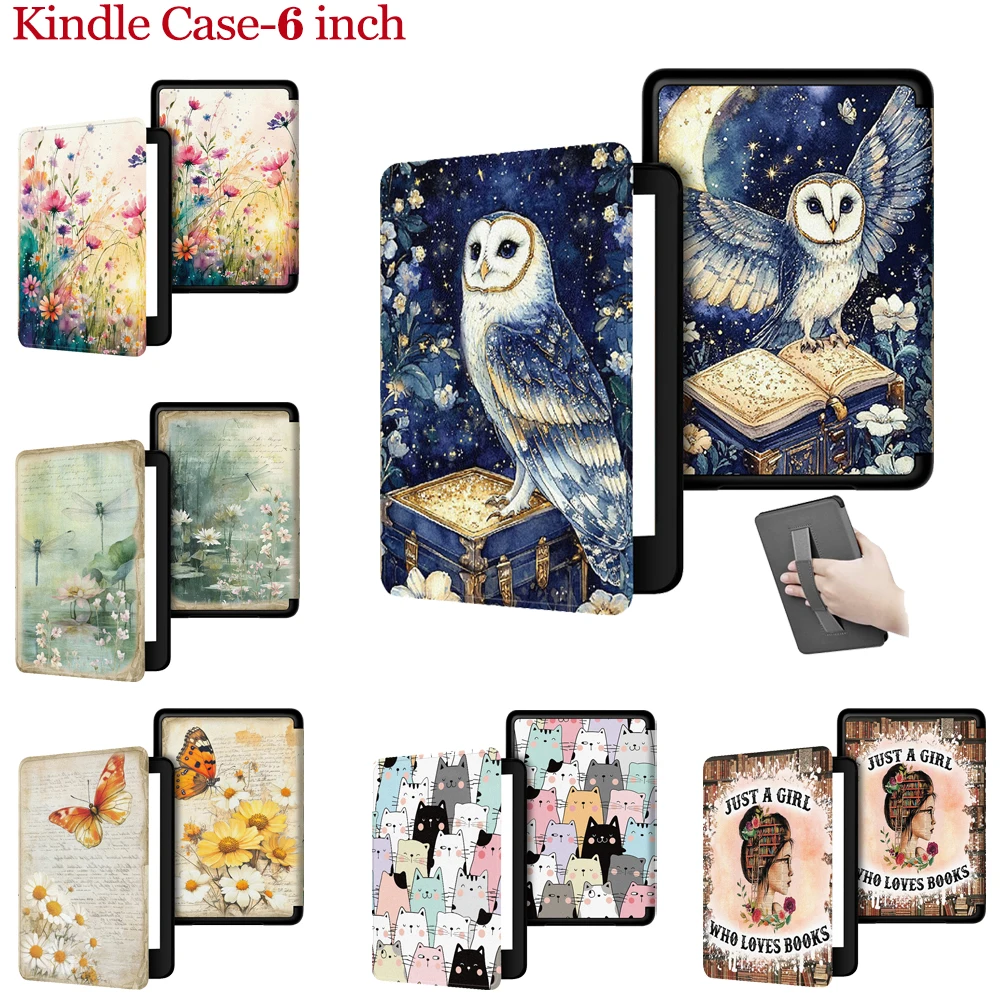 Magical Owl Leather Case For All-New 6'' Kindle 11th Gen 2024/2022 Released RS23CV C2V2L3 Protect Cover Cute Cats Flowers Print