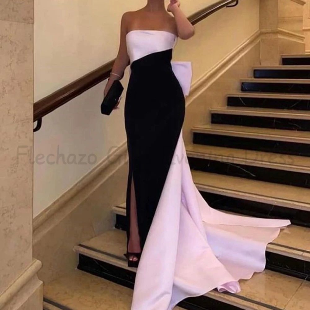 Flechazo Pink and Black Evening Dress Strapless Sheath Floor Length Side Slit with Large Bow Ladies Banquet Gowns Custom Made