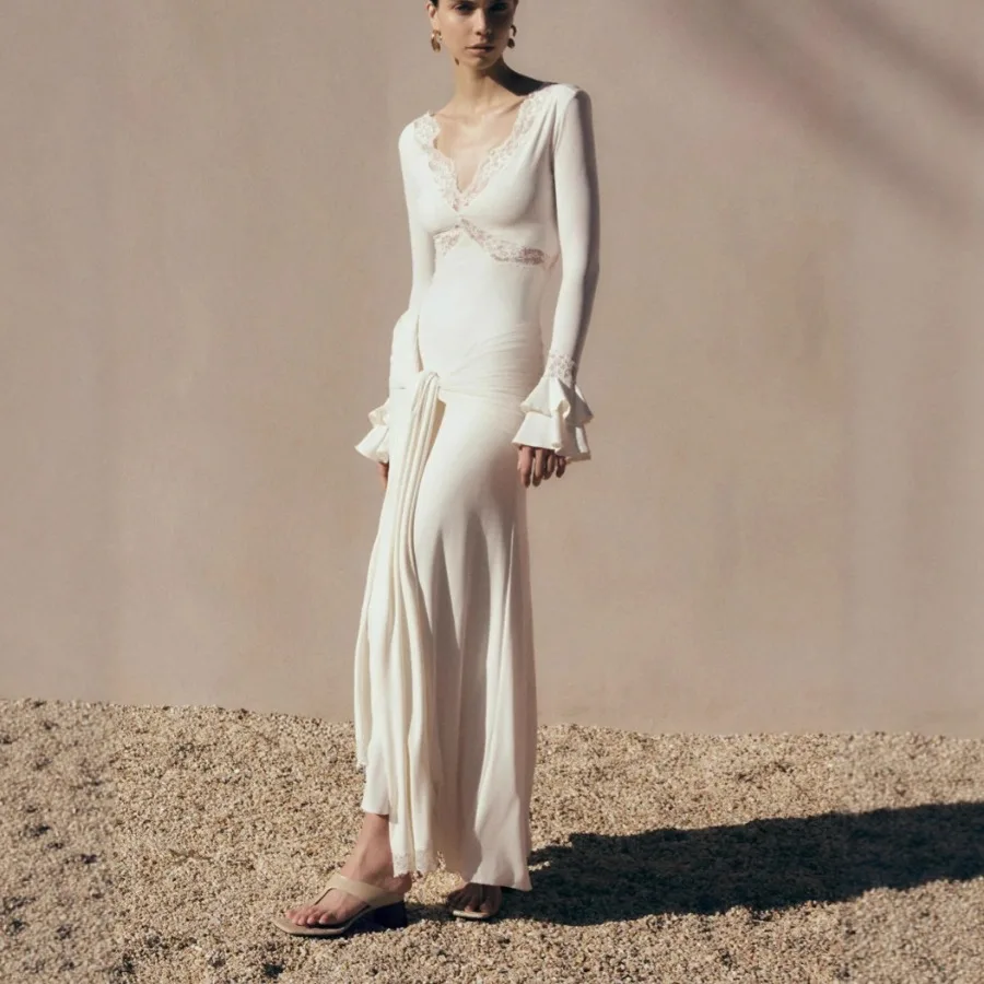 Vestidos largos de fiesta con cuello en V para mujer, vestido veraniego de encaje con manga acampanada, encaje blanco para boda, verano 2025, Sexy hasta el suelo, Vestidos Largos