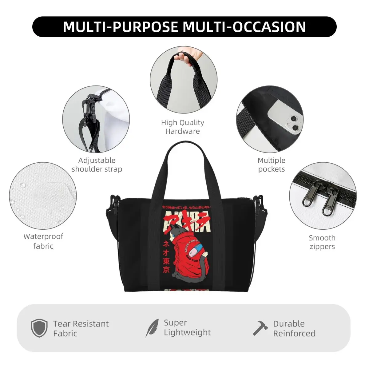 Torba podróżna na plażę z motywem anime Akira z Tokio, duża torba na ramię, torba sportowa na siłownię, torba na zakupy dla kobiet.