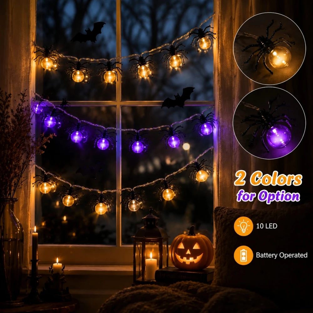 Halloween Spider Lights 59.06in 10LED String Lights Battery Powered Purple Warm White Fairy Lights Party Home Window Decor