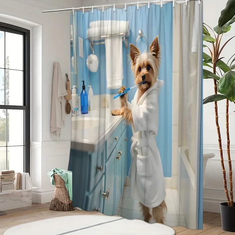 Yorkshire Terrier Bath Time Shower Curtain - Cute Dog in White Robe, Blue Toothbrush, Playful Bath Decor, Polyester, 12 Hooks
