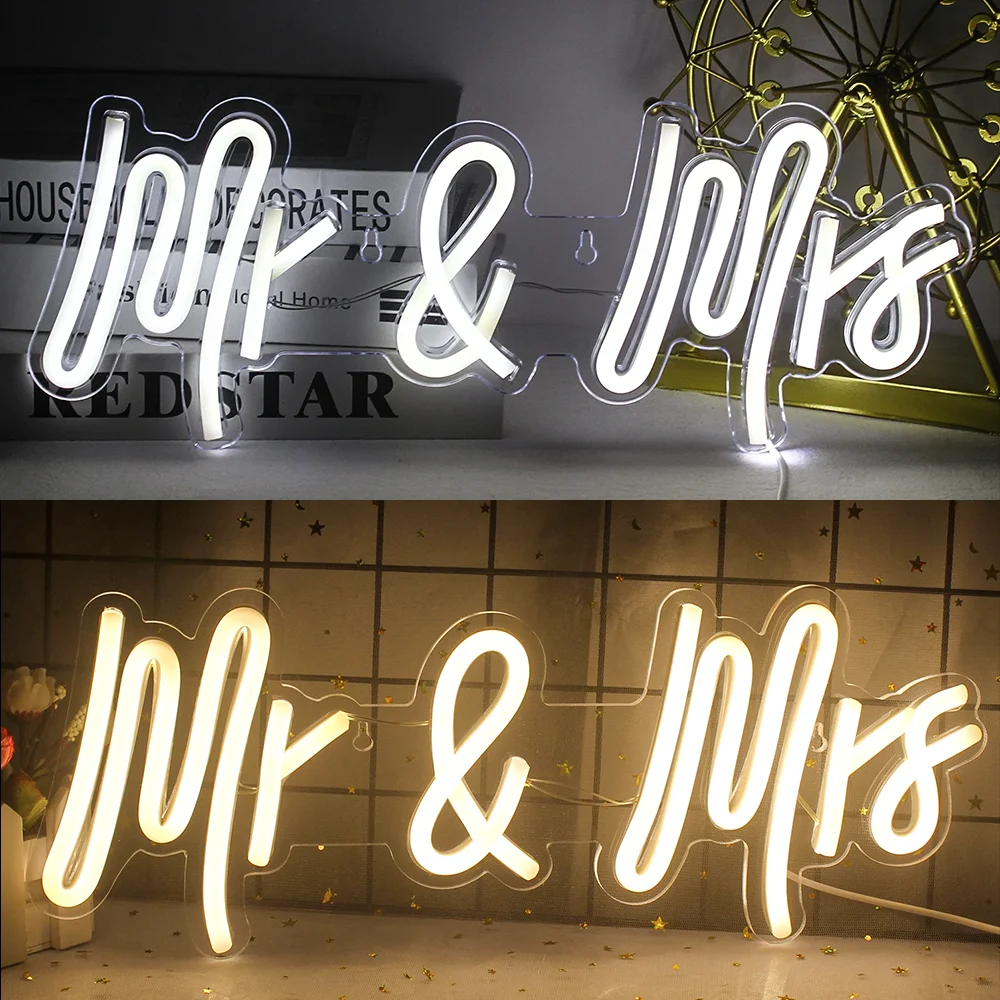 Mr & Mrs Neon Sign LED Room Wall Decor USB Powered With Switch Hanging Acrylic For Bedroom Anniversary Party Wedding Site Decor