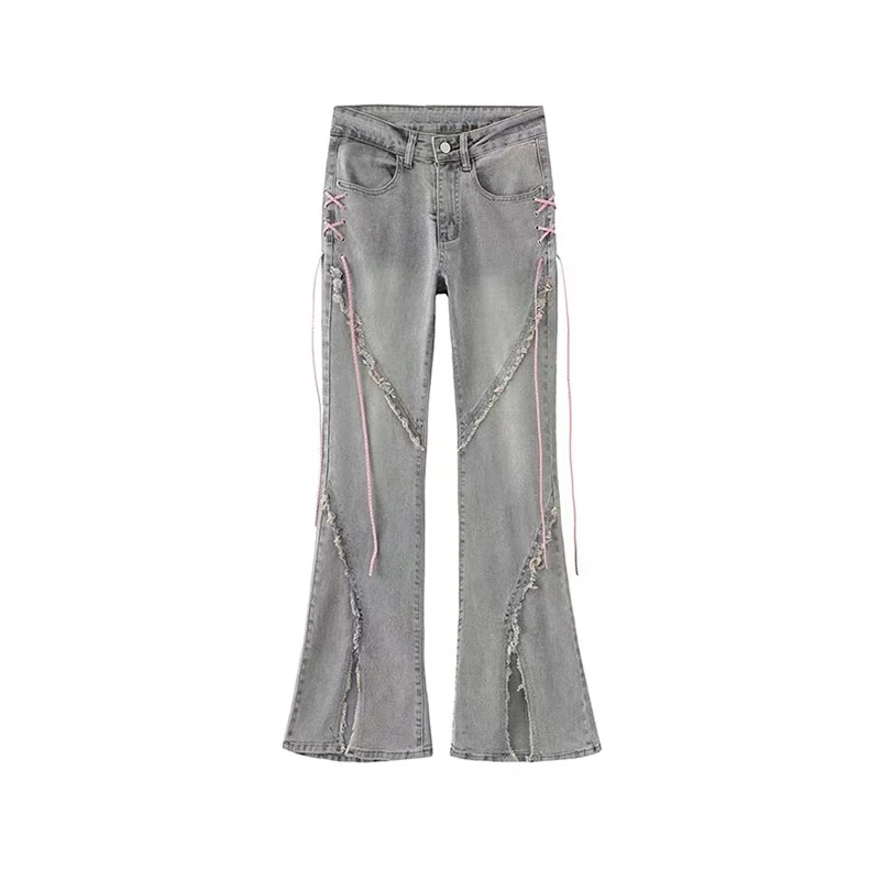 Calça jeans retrô de cintura alta feminina, Harajuku Streetwear, perna larga, calça jeans reta solta, garfo de chifre, calça larga, moda, Y2K