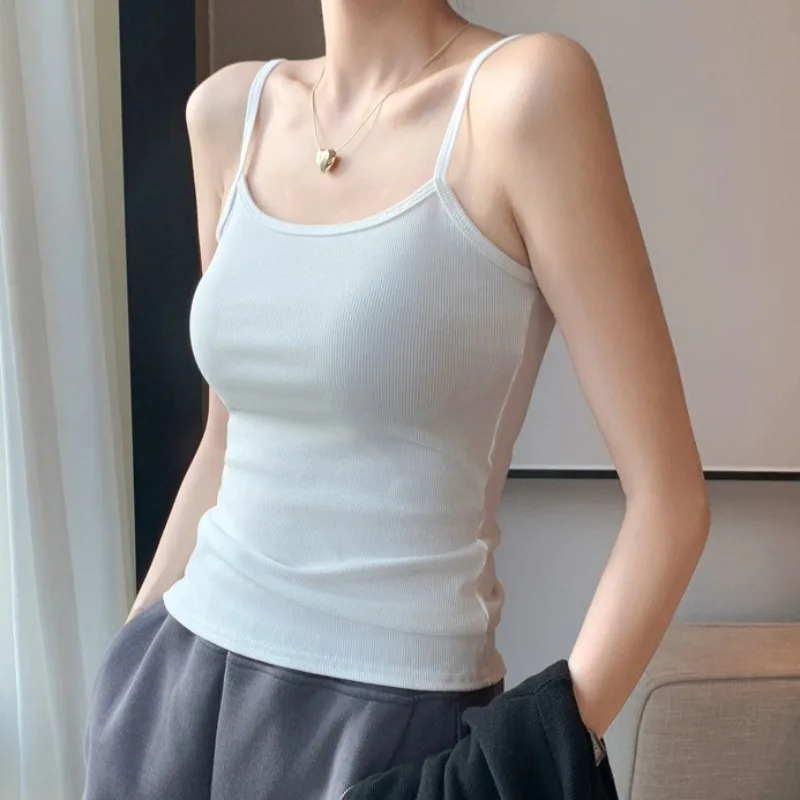 

Women's Solid Color Spaghetti Straps Sleeveless Slim Camisole with Chest Pad Cotton Summer Wear Outside Female Short Tops Vests