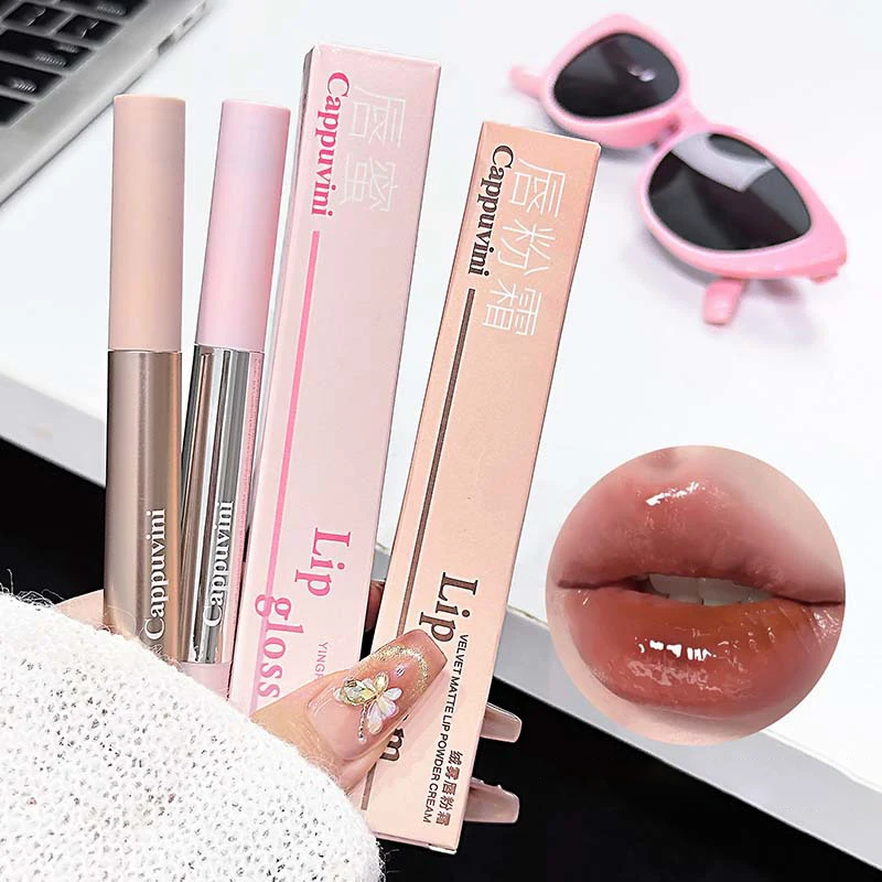 Cappuvini Fluffy Velvet Soft Lip Glaze Liquid Lipstick Cream Nude Matte Mirror Lip Gloss Waterproof Long Lasting Cheek Lip Tint