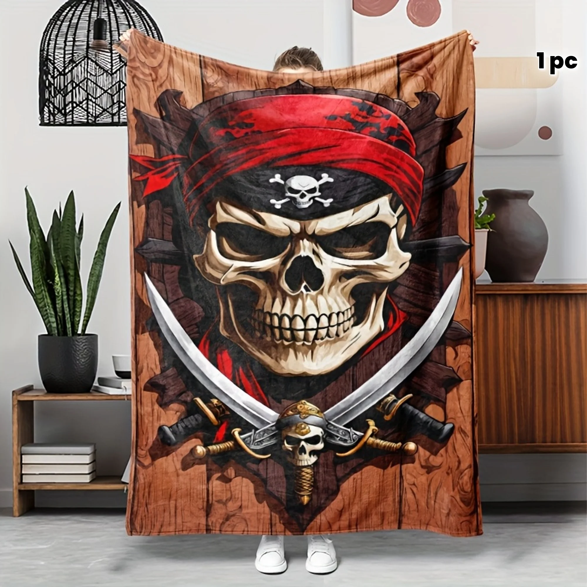 Pirate Skull Crossed Swords Flannel Blanket Soft Vintage Nautical All Seasons for Camping Sofa Travel Horror Fan Gift