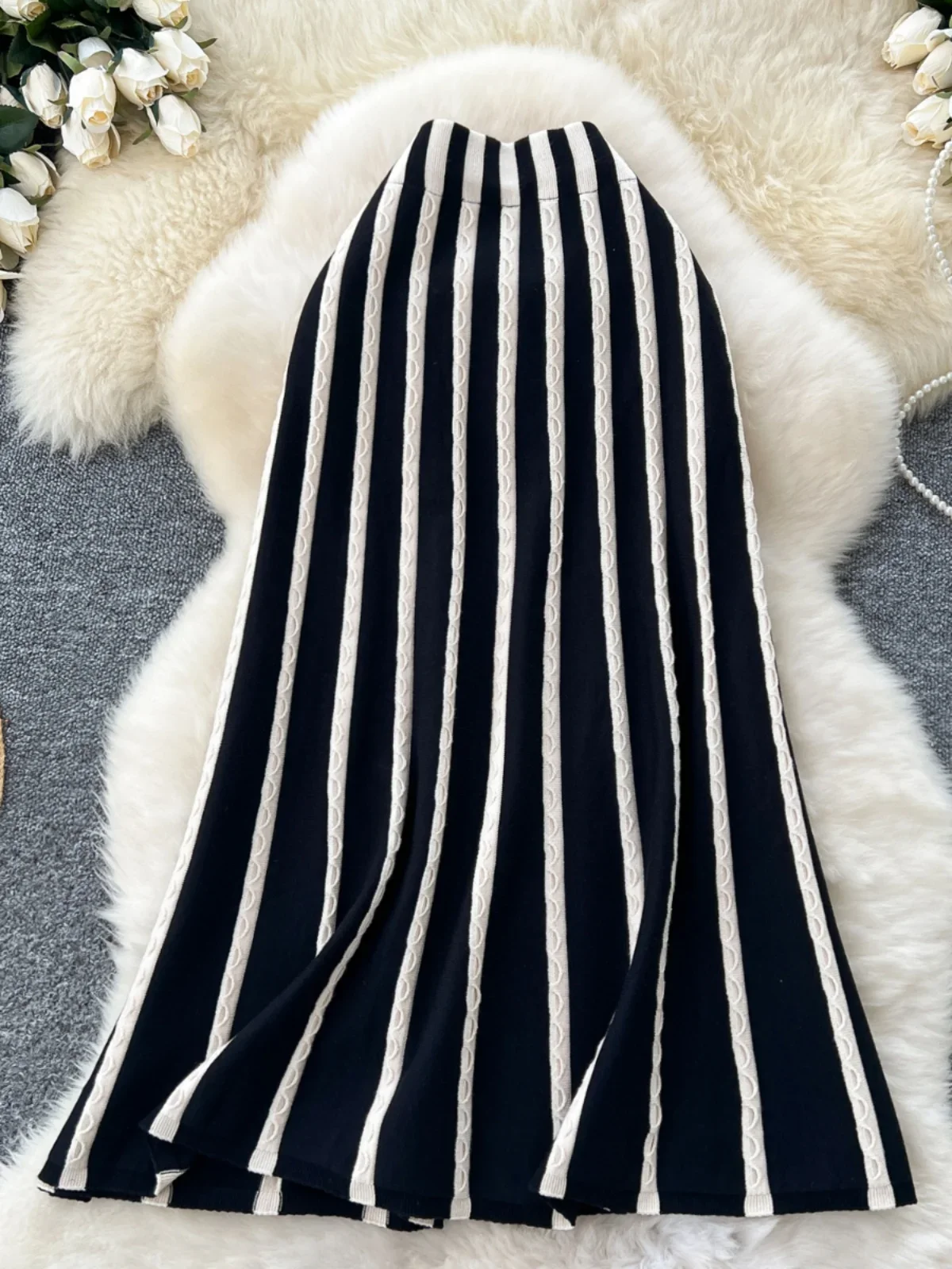 Striped Knitted Skirt Women's Autumn Winter New High-waisted Slim Midi Long Skirt Gothic  Y2k