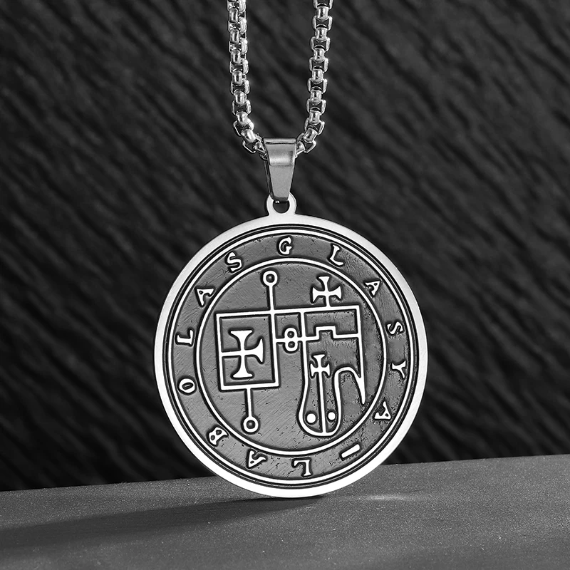 Retro Creative Design Geometric Mystical Runes Stainless Steel Disc Pendant Necklace Men's Hip Hop Rock Jewelry