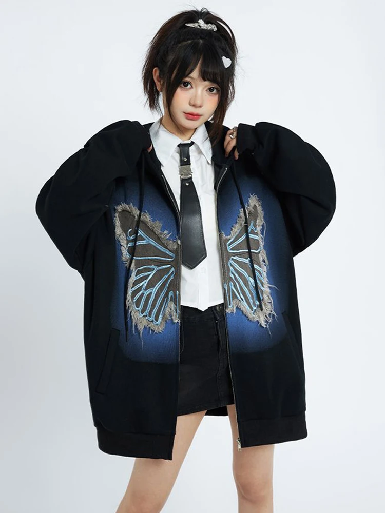 سترات نسائية عتيقة Y2k بغطاء للرأس فضفاضة بأكمام طويلة ملابس الشارع الشهير Harajuku ملابس خريفية غير رسمية للسيدات ملابس علوية أمريكية كلاسيكية #2