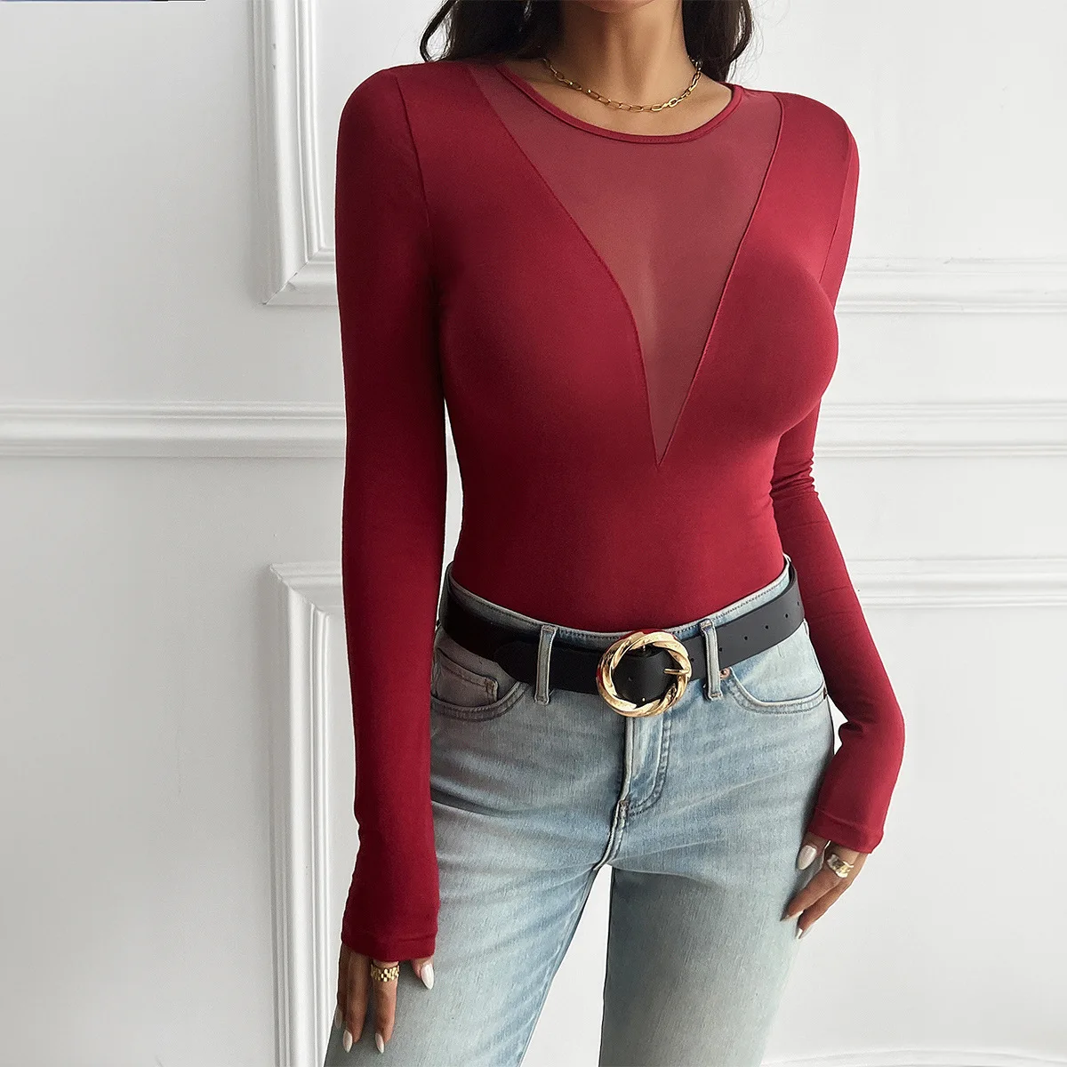 

2025 Autumn Winter Women's European American Style Sexy Deep V Neck Patchwork Long Sleeve T-Shirt Fashion Slim Fitted Basic Top