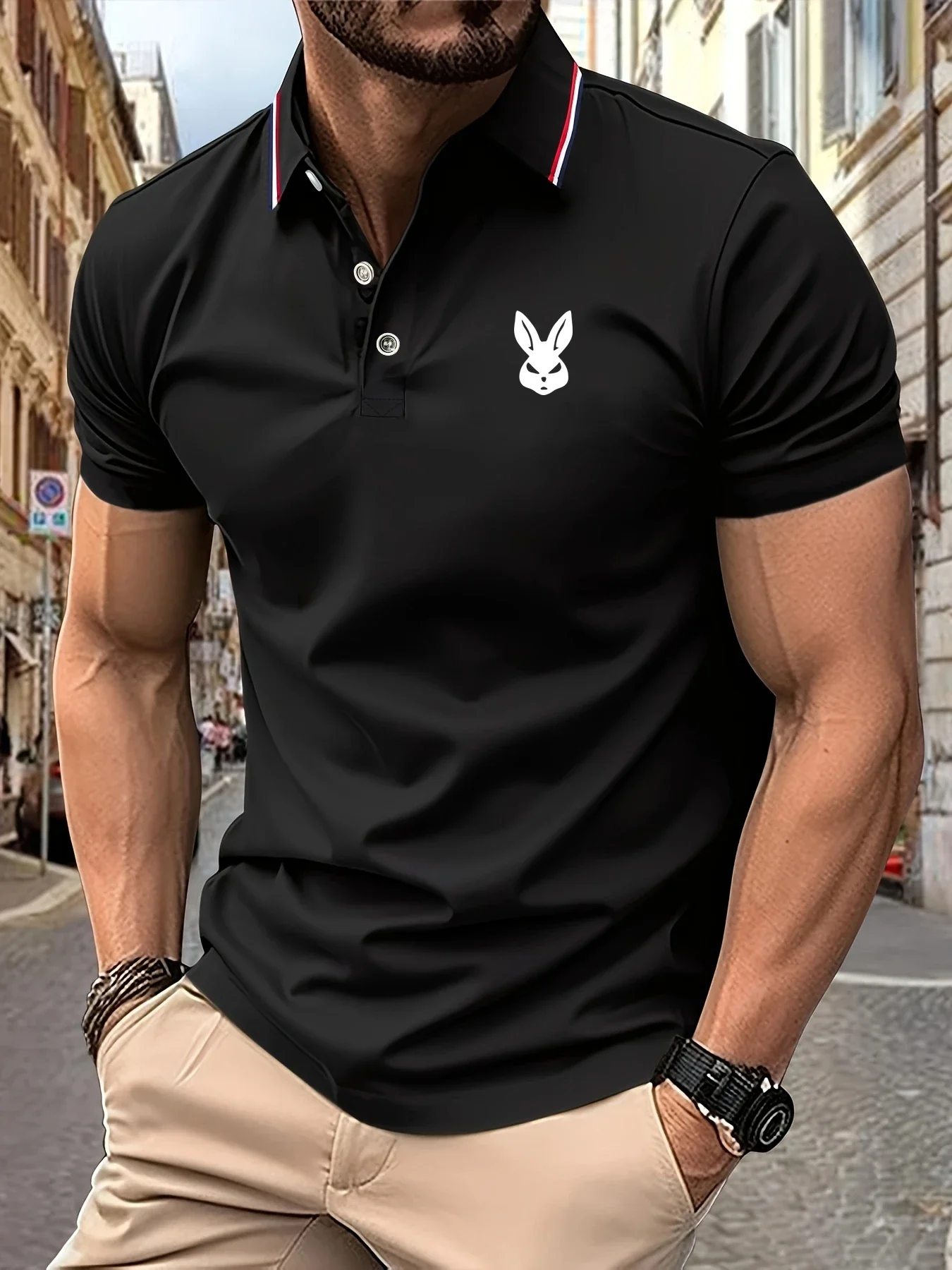 

Pop 2025 New Men's Polo Shirt Angry Rabbit Print Summer Lapel Stripes Men Short Sleeve Casual Breathable Light Luxury Cool T-Shi