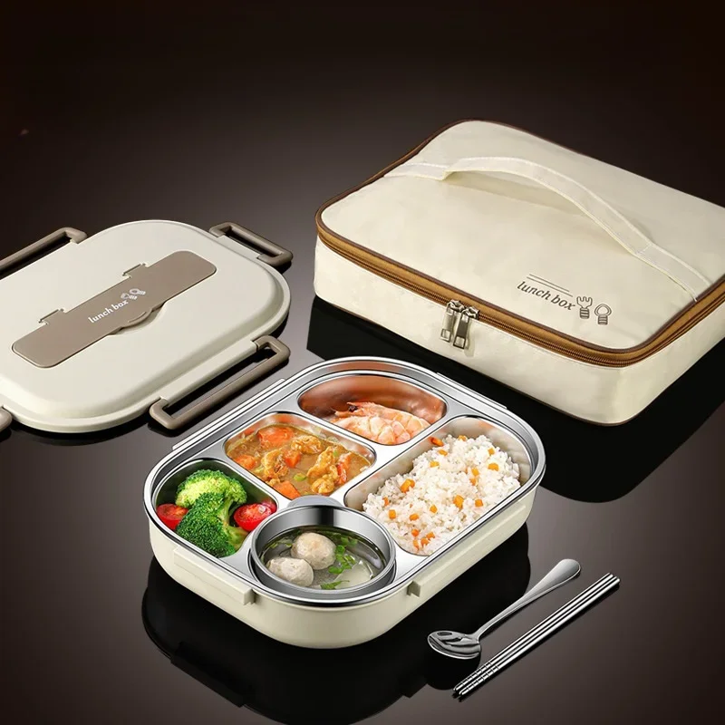 

304 Stainless Steel Insulated Lunch Box Office Workers Sealed Portable Lunch Box with Bag Students Kids Commercial Bento Box Set