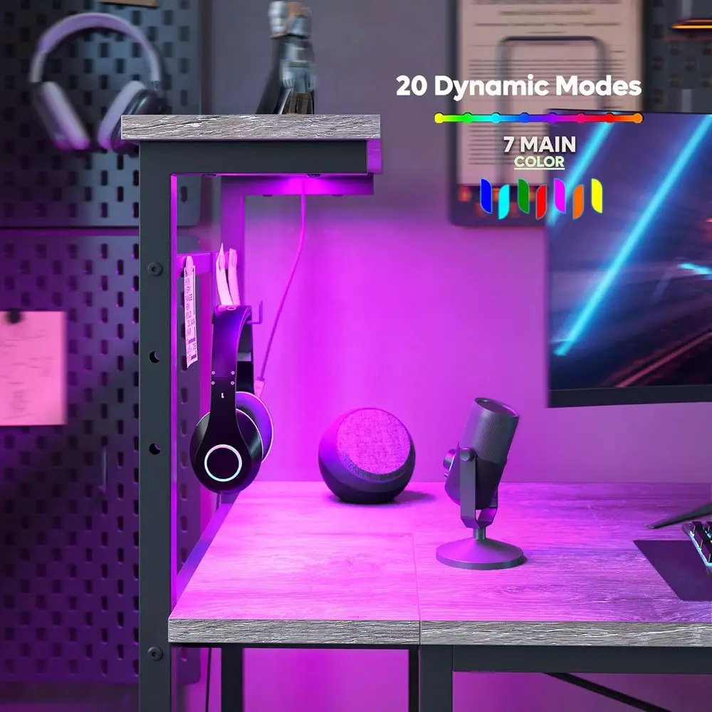 Mesa para jogos com luzes LED, mesa para computador de 51,3 polegadas com prateleiras reversíveis de 4 camadas, escrivaninha para escritório doméstico com armazenamento lateral