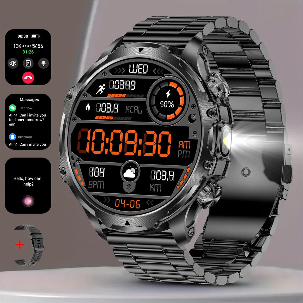 Montre connectée MEVADEN avec écran large de 1,8 pouces, appels Bluetooth, sport, extérieur, lampe torche, 700 mAh, moniteur de santé, pour homme