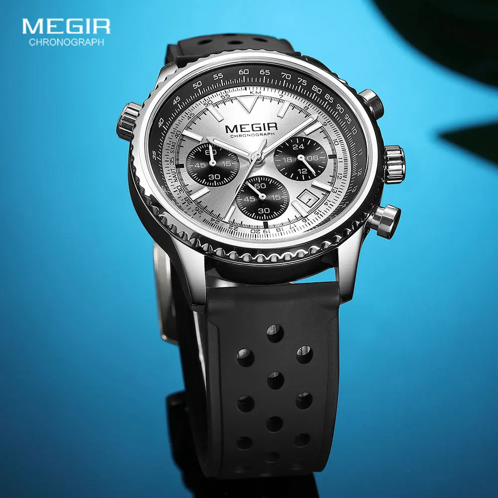 MEGIR Silver Black Quartz Watch Men Military Sport Chronograph Wristwatch with Silicone Strap Luminous Hands Auto Date 2236