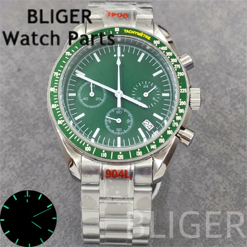 BLIGER Sport 40 мм хронограф многофункциональные кварцевые VK63 мужские часы зеленый циферблат светящийся ремешок из нержавеющей стали Dive Montre Homme