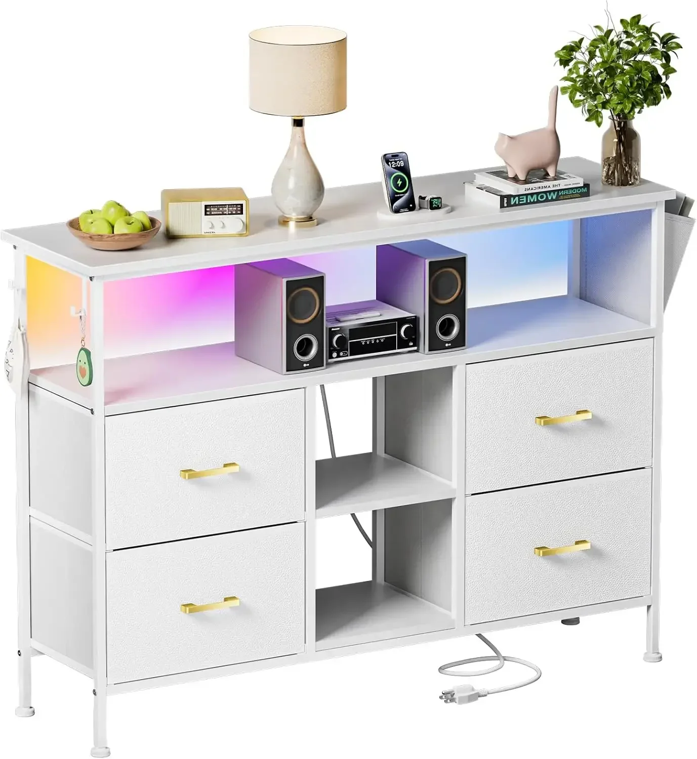 LED TV Stand with Power Outlet for Living Room, TV Media Console for TVs 50 Inch, Modern Dresser TV Stand with 4 Fabric Drawers