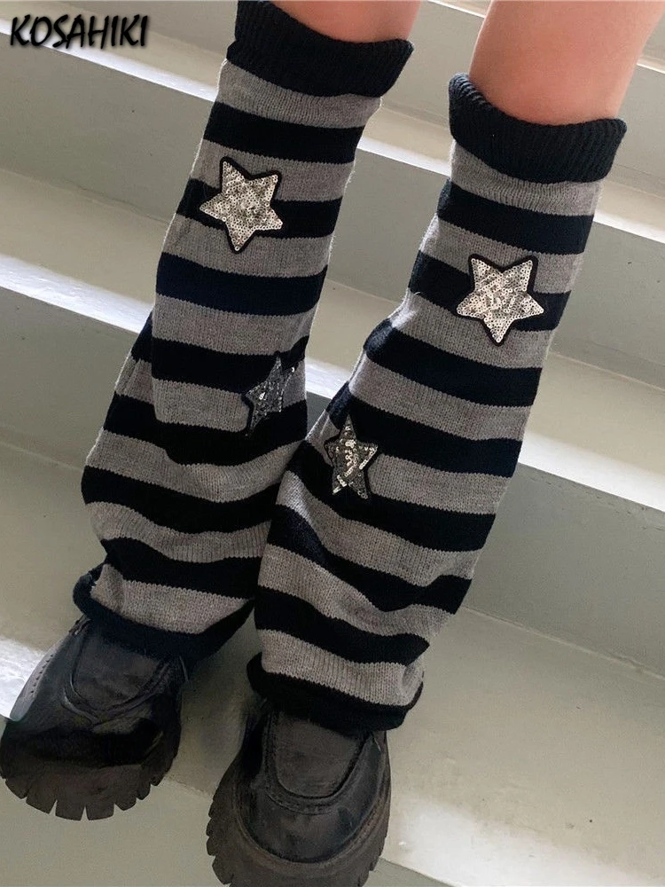 KOSAHIKI Y2k Goth Lolita Striped Star Leg Warmers Japanese Women Gothic Long Socks Leggings Knee Knitted Cuffs Ankle Warmer