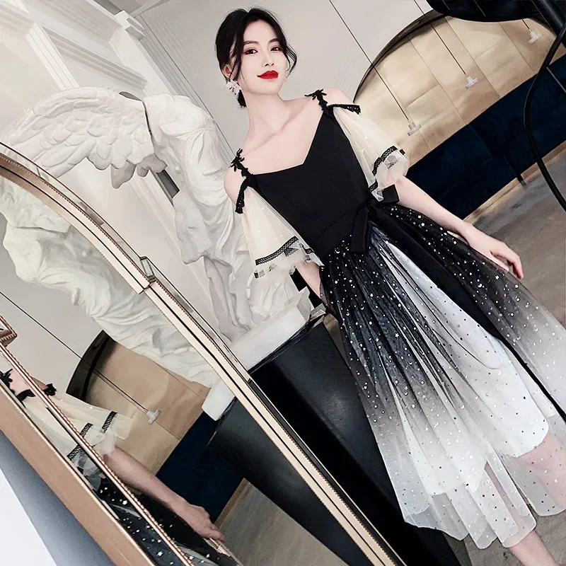 Evening Dresses Boat Neck R262 Elegant Black Gradient Robe De Soiree Spaghetti Strap Sequin Tulle Plus size Women Party Gowns