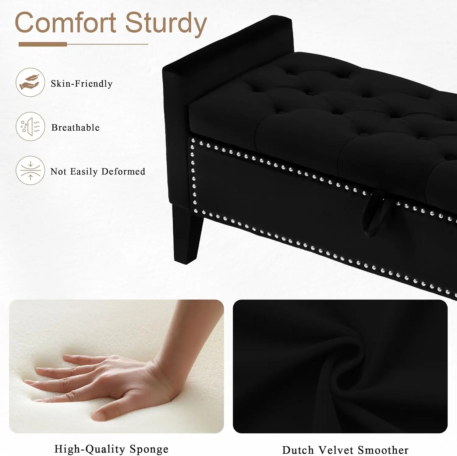 مقعد عثماني للتخزين معنقدة بأزرار منجدة حديثة، 45 مدخل أسود بأذرع، مثالي لغرفة النوم أو المدخل #4