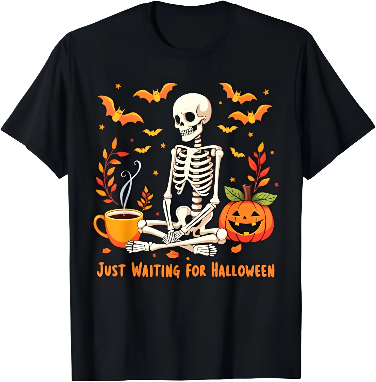 Just Waiting For Halloween Skeleton Coffee and Pumpkins T-Shirt