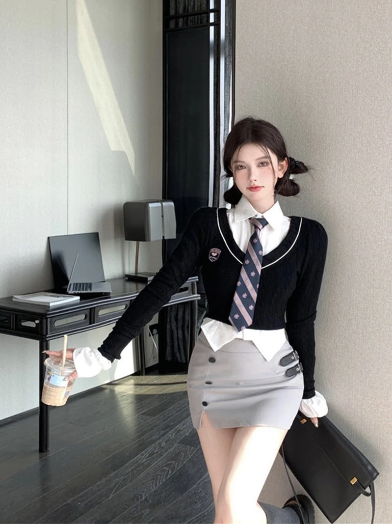 

Slimming Knitted ort Sve V-Ne Top for plus Size Women Early Autumn College Sle orm Set High Waist Bodycon Dr