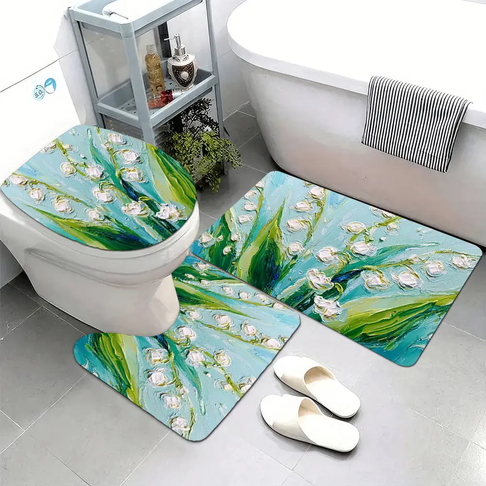 

Set of 3 Ultra-Soft Bathroom Floor Mats with Non-Slip Backing, Featuring a Lovely Design of Lily of The Valley Flowers with Whit