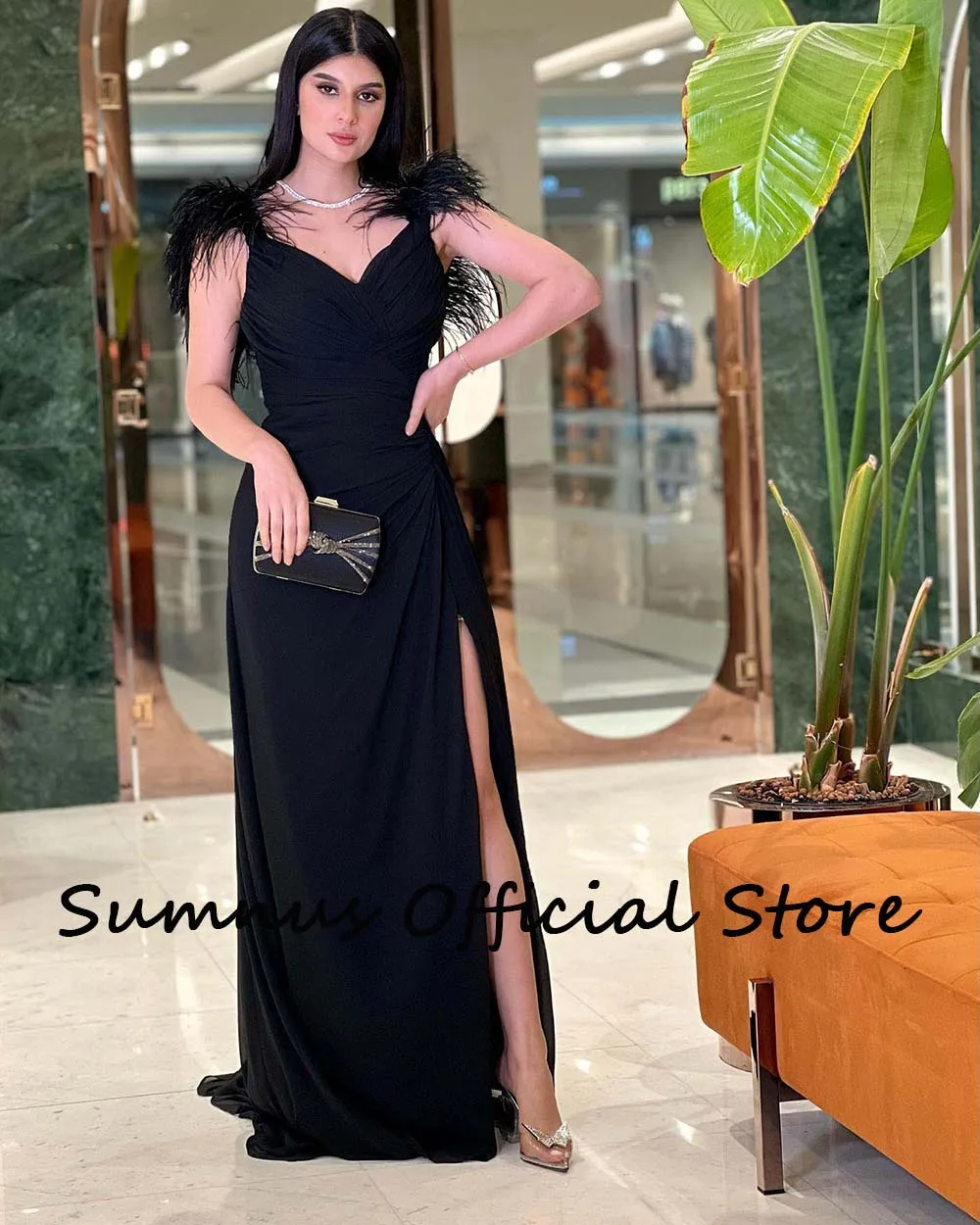 Sumnus Black Feather Straps Evening Dresses Side Split Sexy V Neck Pleats Chiffon Long Party Prom Dress Formal Robe de Soiree