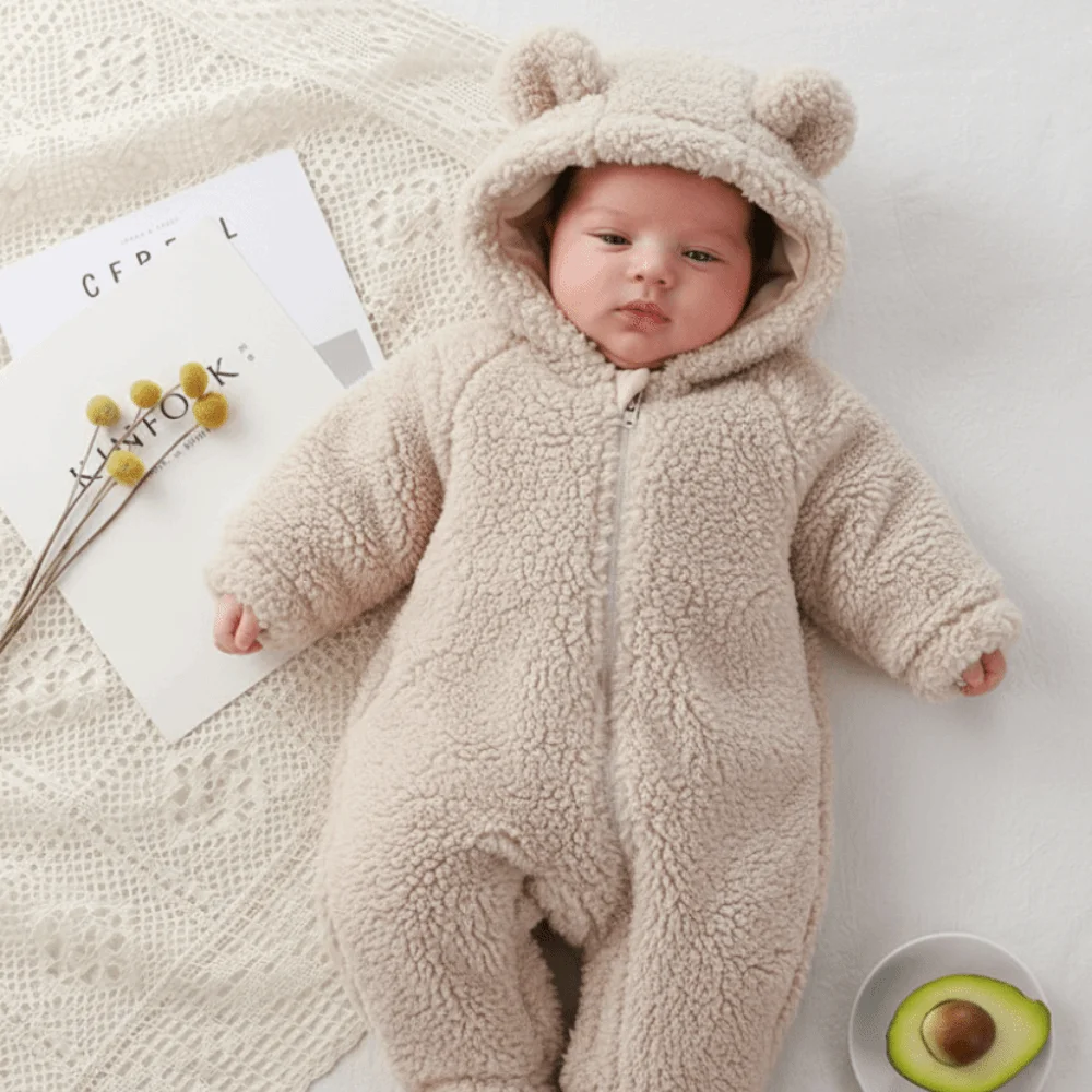 Kawaii Thick Warm Baby Rompers Coral Fleece Bear Shape Infant Jumpsuits Soft Velvet Hooded Zipper Newborn Pajamas 3-9 Months