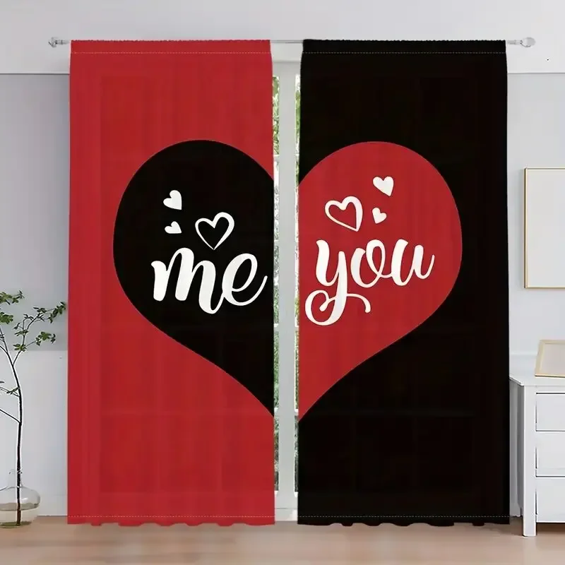 

Valentine's Day black and red heart-shaped pattern printed curtains, window decorations, home decorations, room decorations