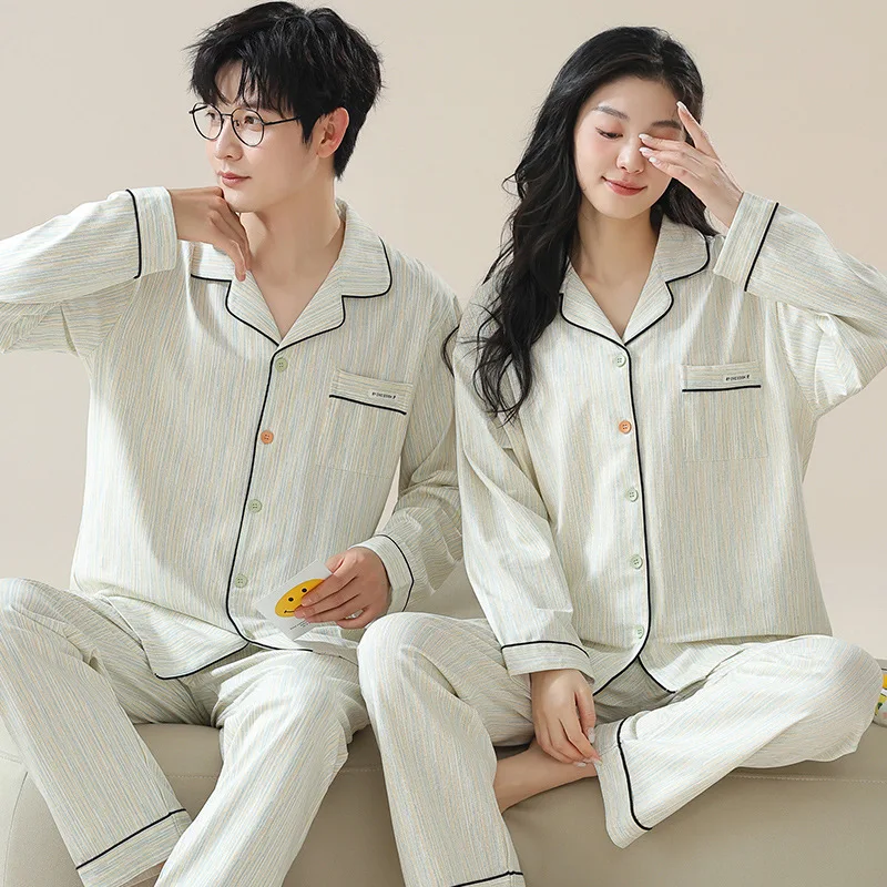 Solid Color Cotton Couples Nightwear Long Sleeves Cardigan Home Clothes Women and Men Matching Pijamas Big Size M-3XL Pjs Pyjama