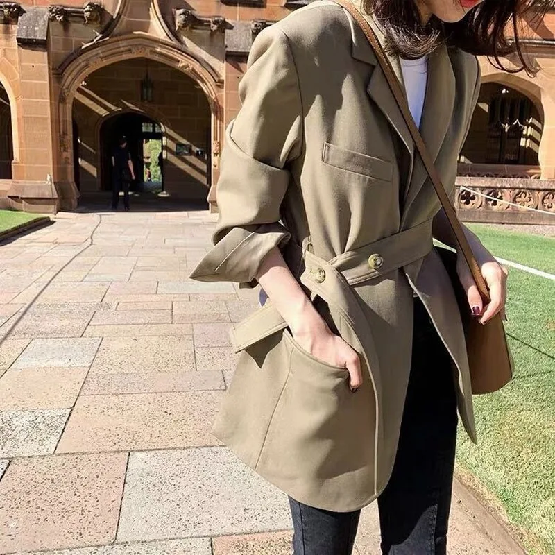 

England Style Blazers Women Solid Colors Mid Length Office Suit with Sashes 2024 Spring Autumn Commute Indie Aesthetic Blazer