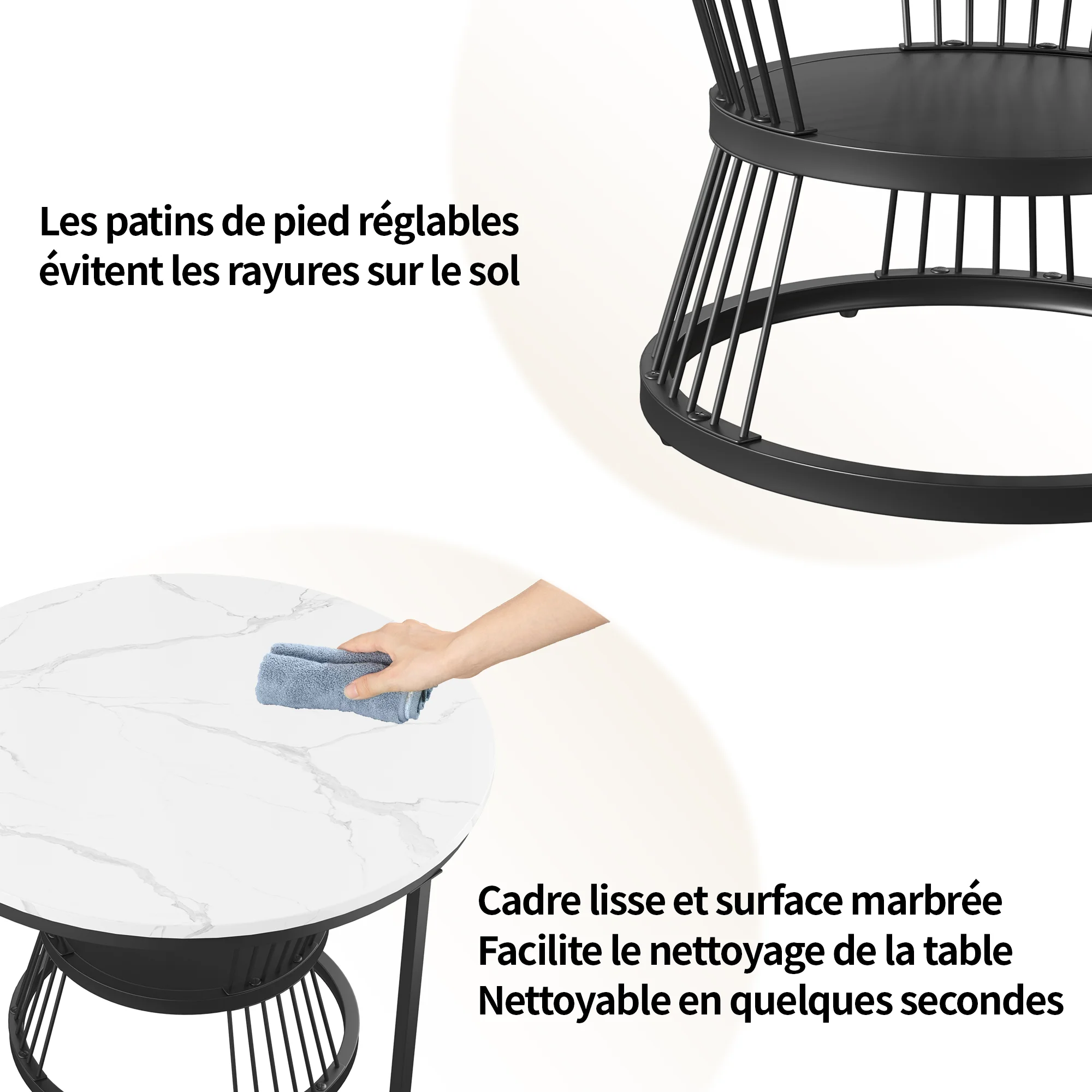 Okrągły stolik kawowy, zestaw 2-suwowych nowoczesnych stolików kawowych ze sztucznym marmurowym blatem, czarna metalowa rama Czarno-biały stół do