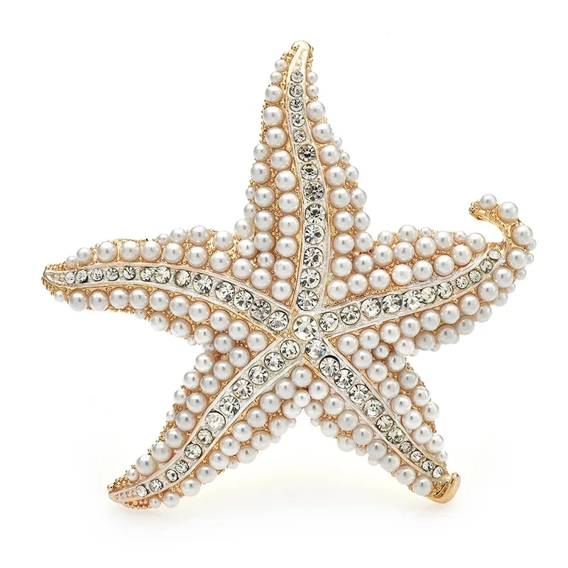 Luxury White Pearl Starfish Brooches for Women Unisex Shining Rhinestone Beautiful Sea Star Animal Party Office Brooch Pin Gifts
