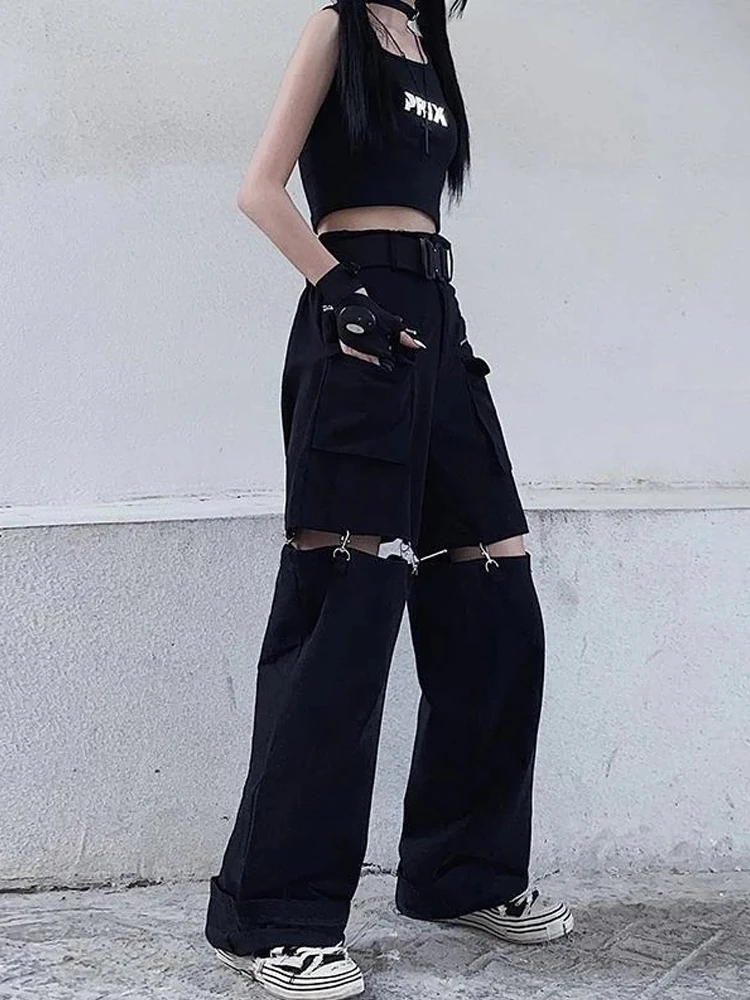 QWEEK Techwear Gothic Black Cargo Pants Women Streetwear Hollow Out Punk Wide Leg Oversize Pockets Trousers For Female Hip Hop