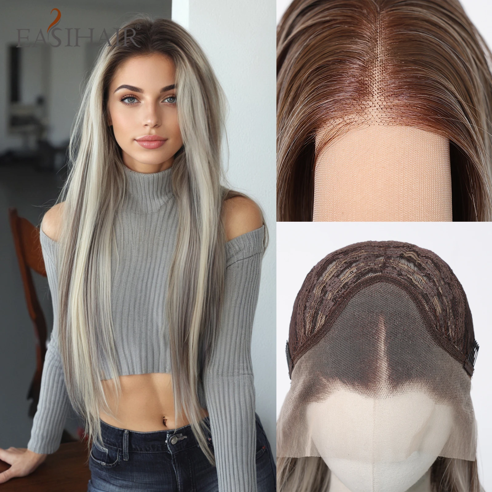 

EASIHAIR Gray Brown With Platinum Highlight Straight Synthetic Wigs for Women Long Straight Lace Wigs Middle Part Natural Wig