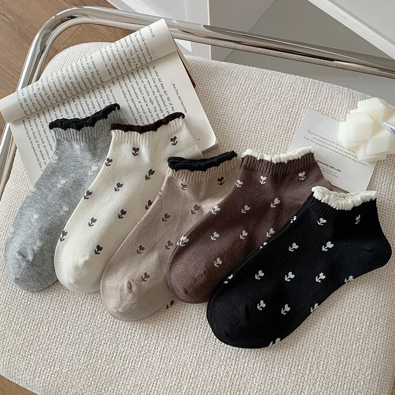 5 Pairs Flower Socks Women's Fashion New Retro Korean Style Cute Women Socks Casual Frilly Kawaii Ankle Socks Short Comfortable