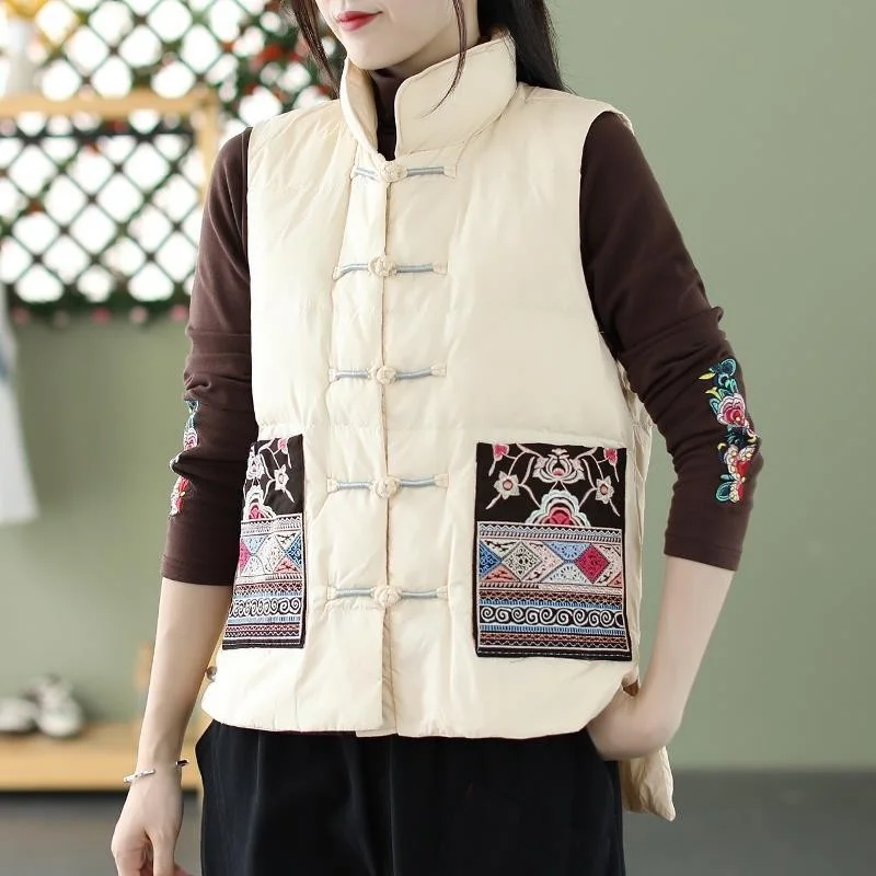 Chinese Style Vintage Women Frog Down Waistcoat Coat Warm Light White Duck Down Vest Parkas Female Sleeveless Short Tank Jacket