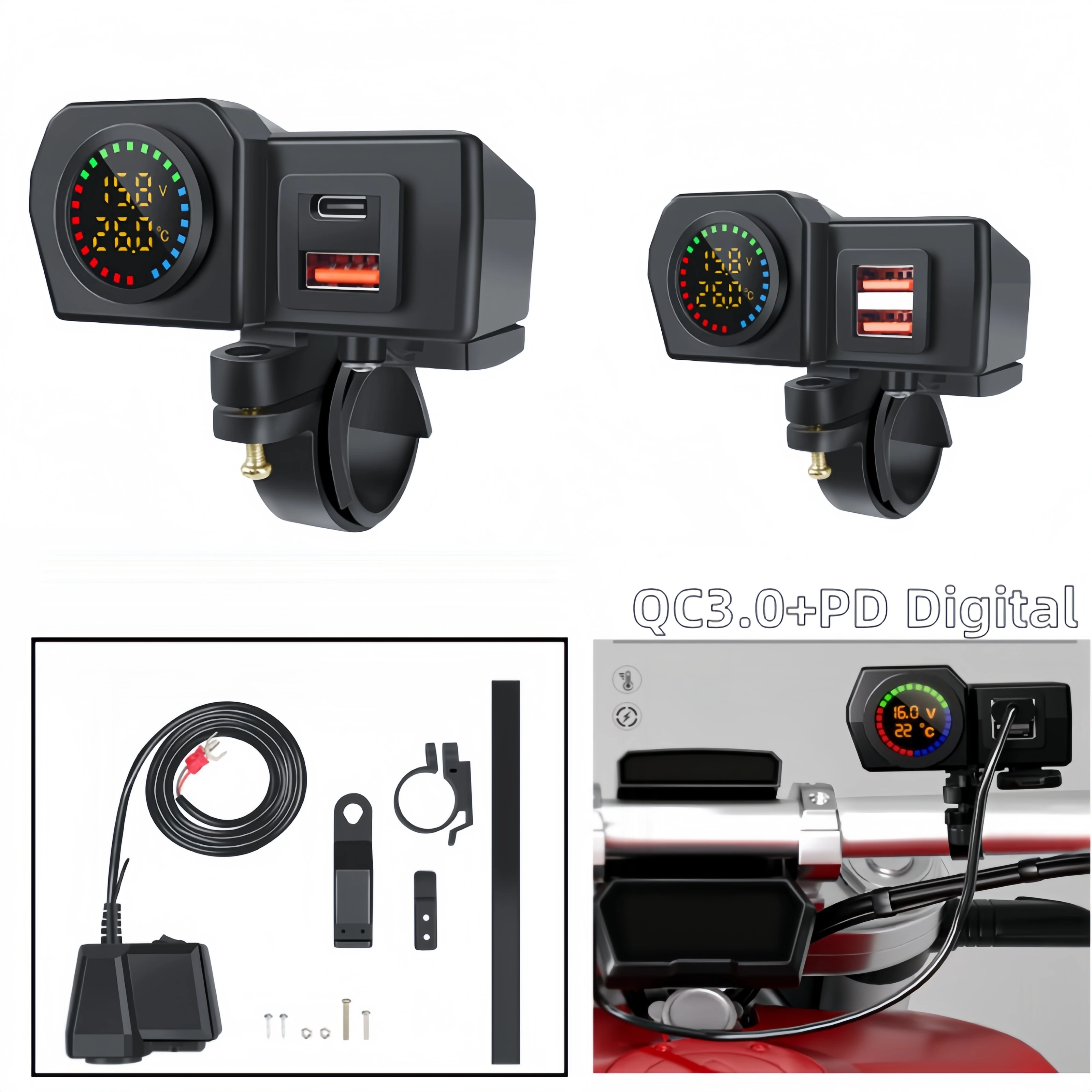 

60W QC3.0+PD Motorcycle USB Charger Handlebar Power Adapter with Digital Voltmeter Thermometer Rear Switch Fast Charging Socket