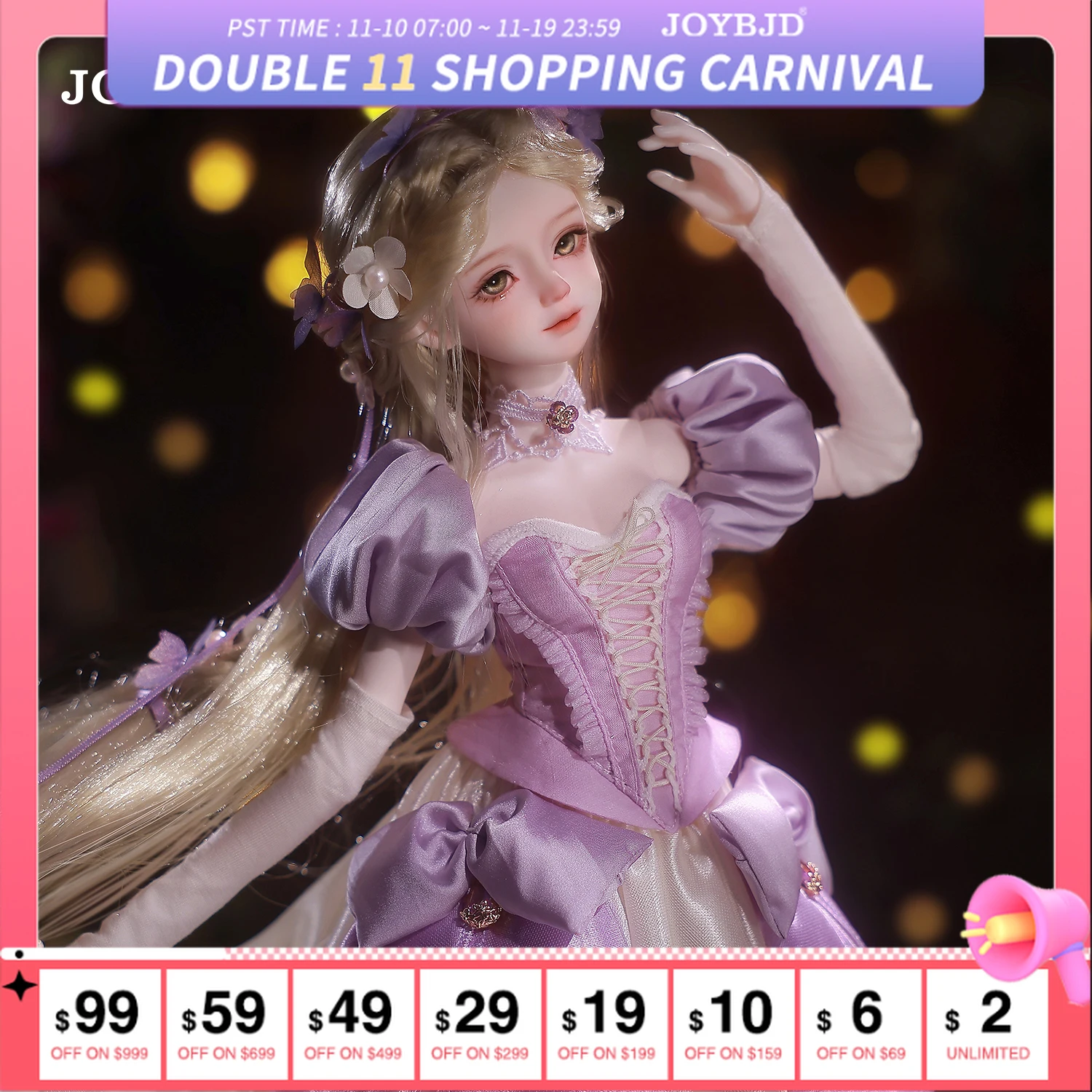 JOYBJD 에스메 풀세트 A 1/4 BJD 인형 (무시 바디 포함) - 수제 동화 공주 나비 정령 보라색 드레스 풀세트