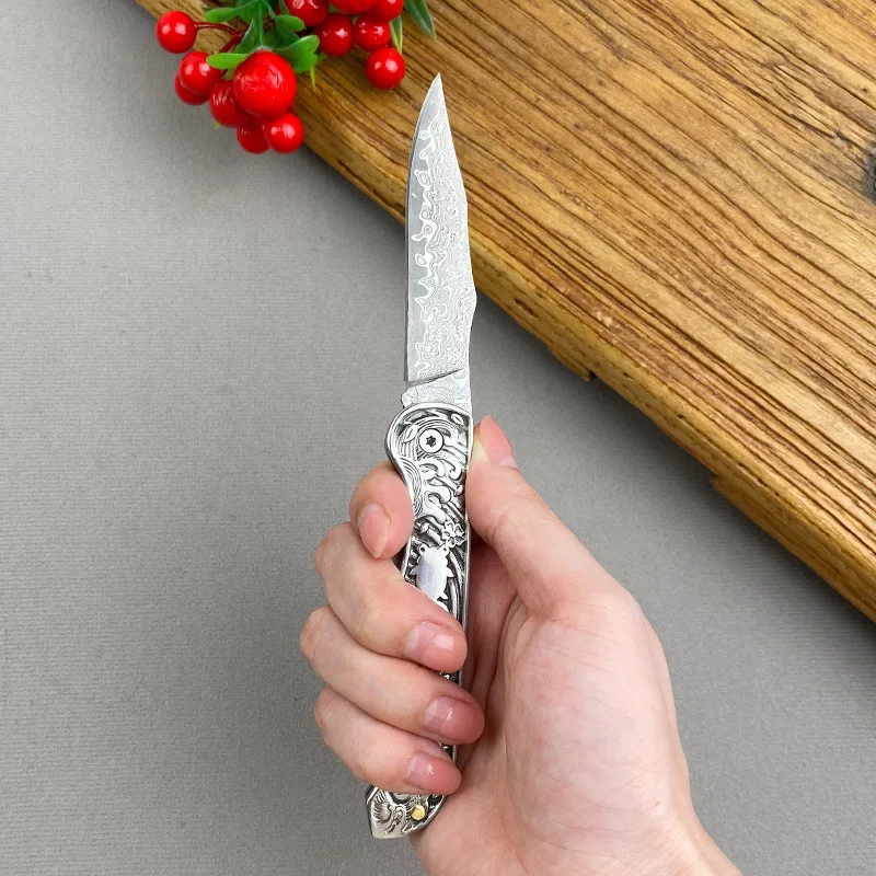 Cross-Border Damascus Knife All-Steel Handle Meat Knife Household Camping Outdoor Portable Fruit Knife Hand Meat Knife