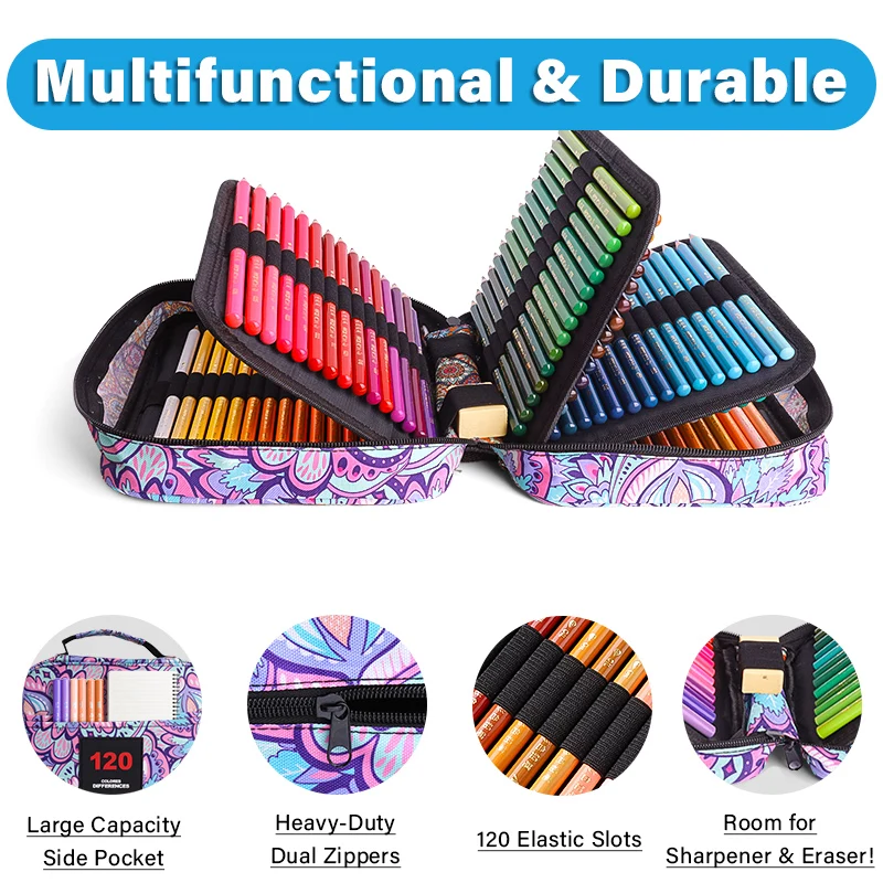 1pc 120 Slots Colored Pencil Case,Twill Oxford Pencil Holder Bag Zipper Closure Organizer Multilayer Holder for Pens,Makers