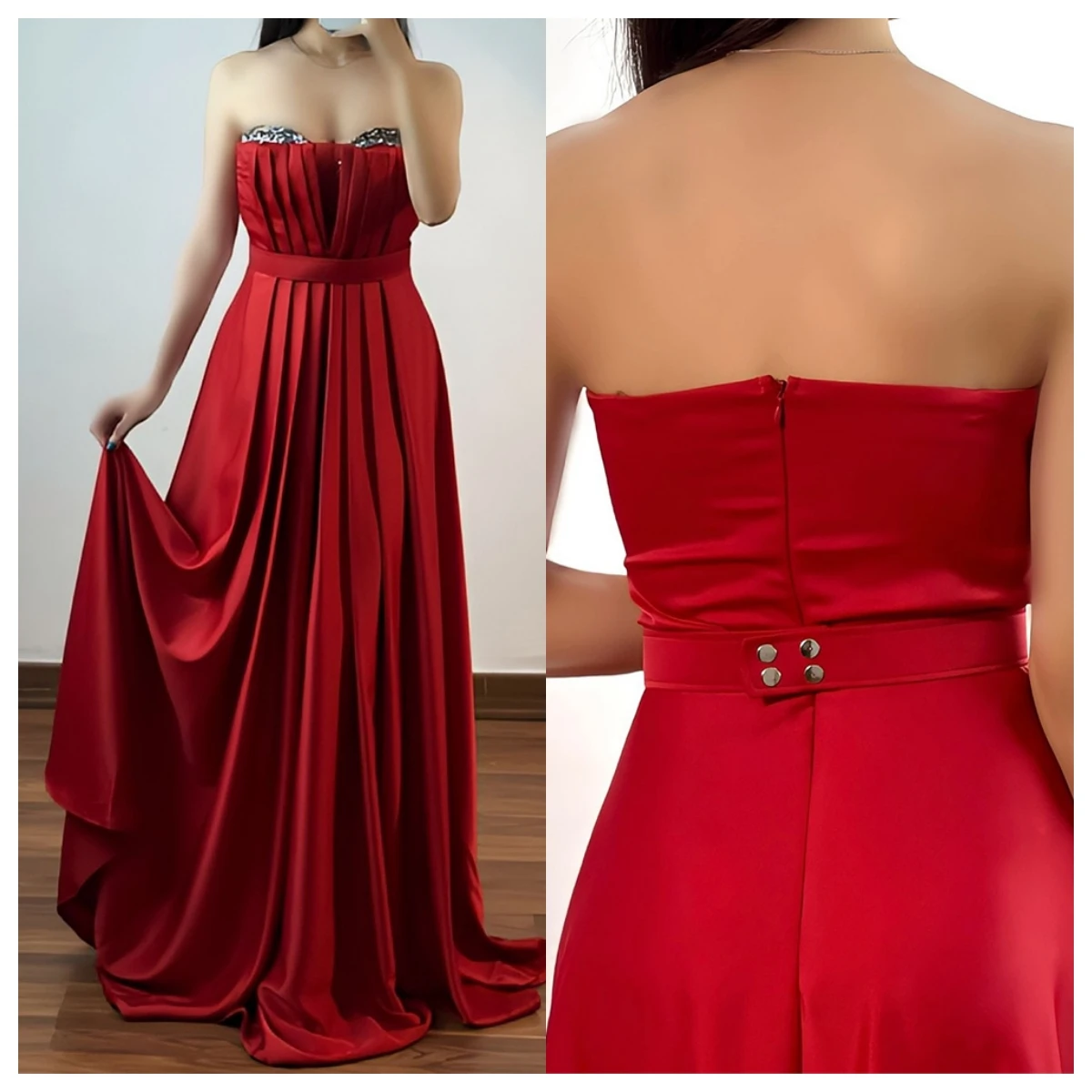 Customized Red Satin Evening Dress Strapless Sleeveless Homecoming Dress Bespoke Occasion Gowns Crystal Temperament  Fashion