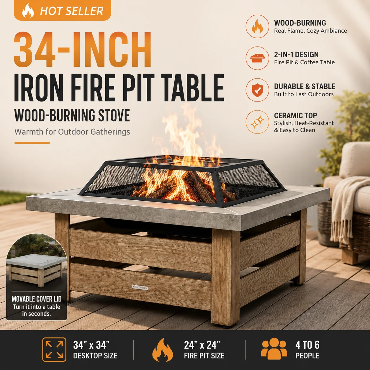 34-Inch Patio Heaters, 2-in-1 Wood-Burning Stove & Coffee Table, Iron with Wood Grain, Ceramic Top, 24