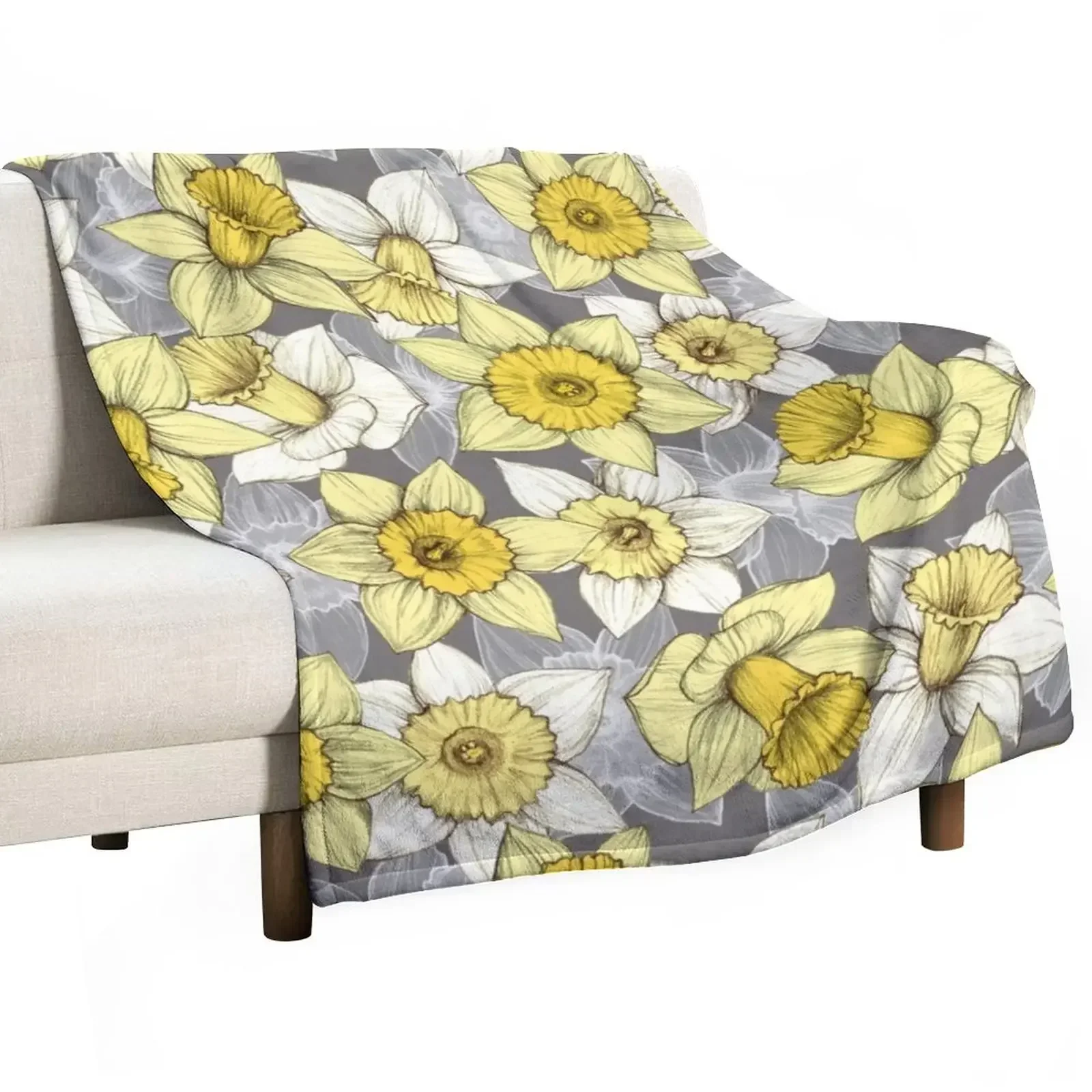 Daffodil Daze - yellow & grey daffodil illustration pattern Throw Blanket Bed covers Summer Hairy for babies Blankets